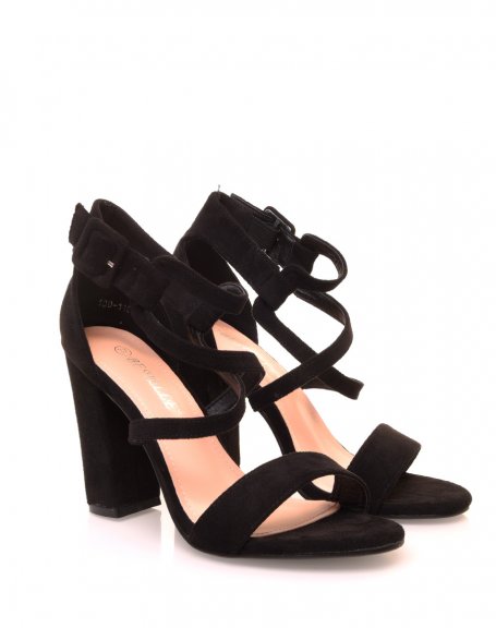 Black suedette heeled sandals with crisscross laces