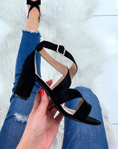 Black suedette heeled sandals with multiple straps