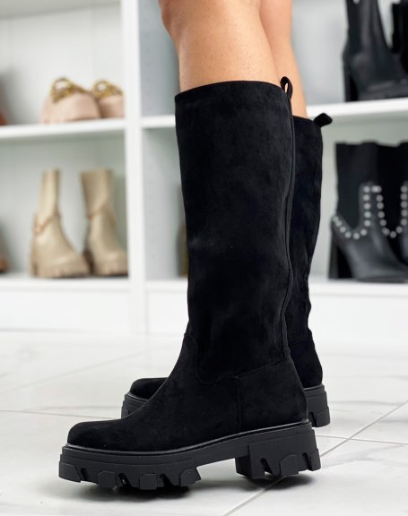 Black suedette high boots with chunky lug sole
