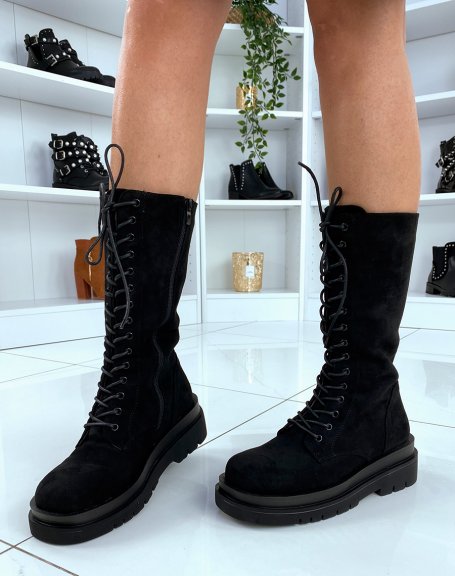 Black suedette high lace-up boots