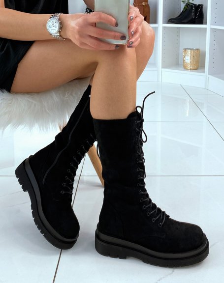 Black suedette high lace-up boots