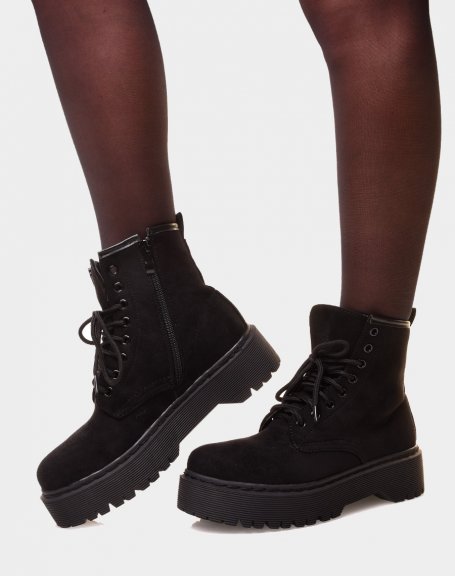 Black suedette high-top ankle boots with big platform