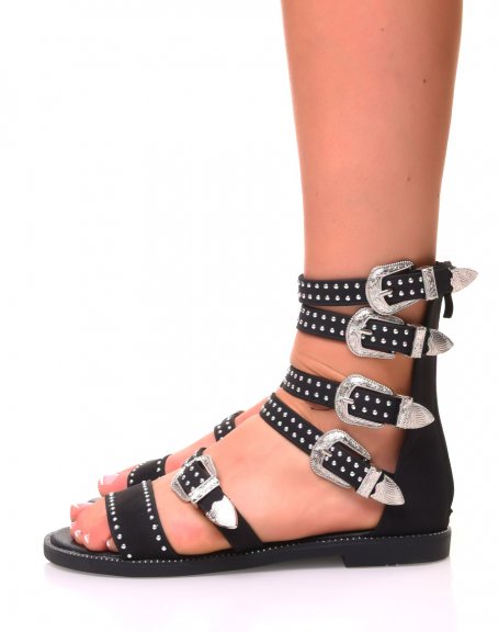 Black suedette high-top gladiator sandals with metallic studs