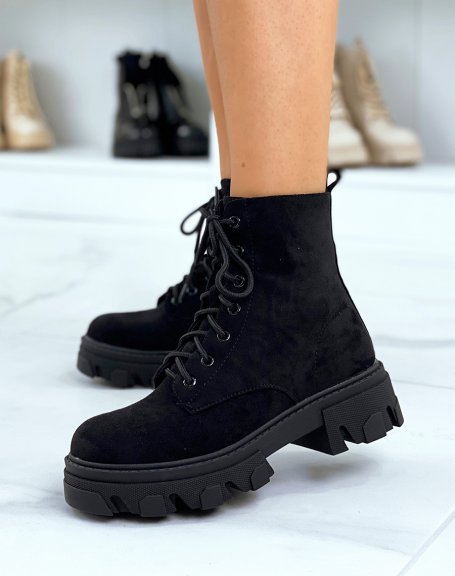 Black suedette lace-up ankle boots with lug sole