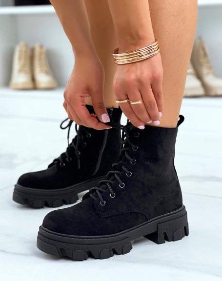 Black suedette lace-up ankle boots with lug sole