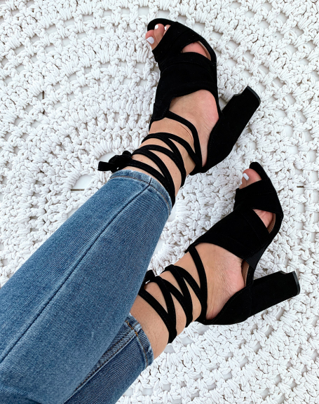 Black suedette lace-up heeled sandals