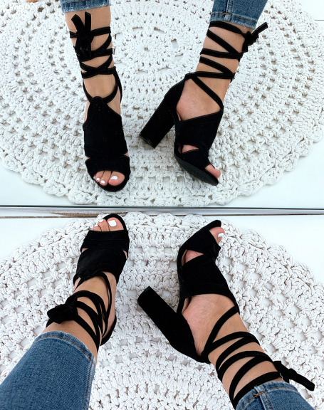 Black suedette lace-up heeled sandals