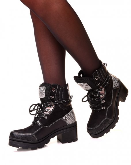 Black suedette lace-up high ankle boots with python details