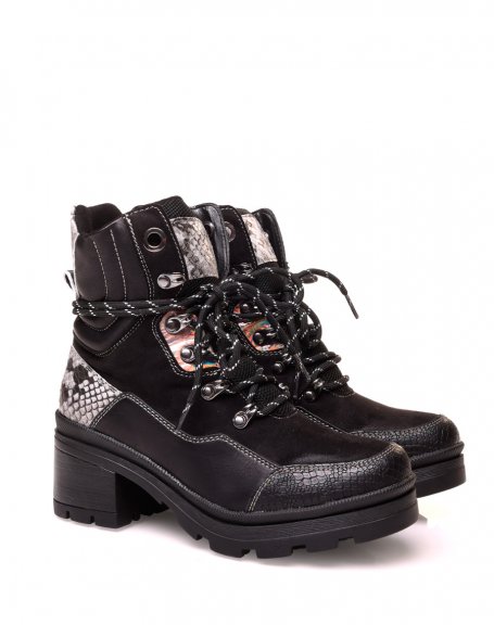 Black suedette lace-up high ankle boots with python details