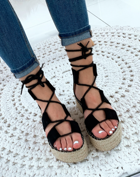 Black suedette lace-up platform slippers