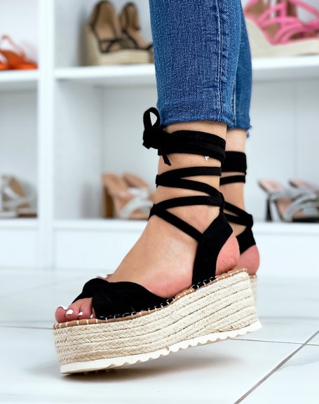Black suedette lace-up wedge sandals