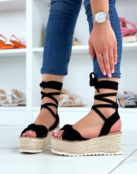 Black suedette lace-up wedge sandals