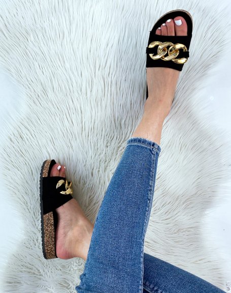 Black suedette mules with big gold chain