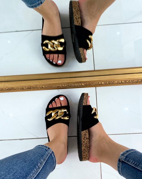 Black suedette mules with big gold chain