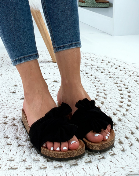 Black suedette mules with big ruffle bow