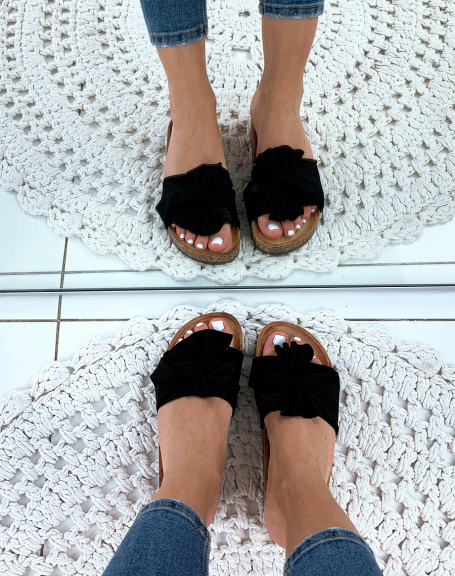 Black suedette mules with big ruffle bow