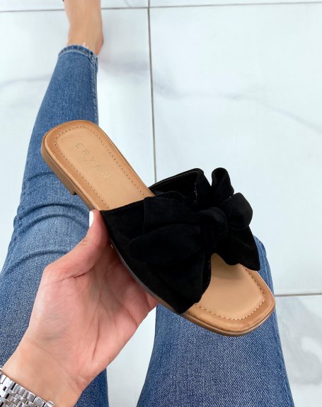 Black suedette mules with bow