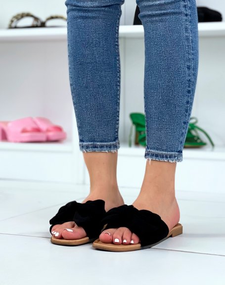 Black suedette mules with bow