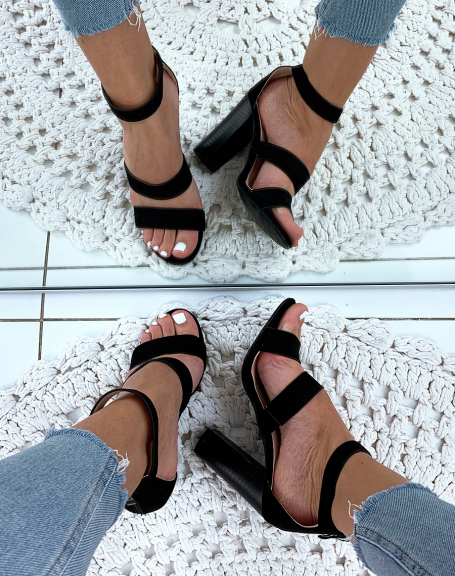 Black suedette multi-strap heeled sandals