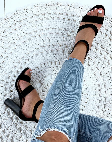 Black suedette multi-strap heeled sandals