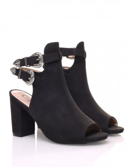 Black suedette openwork heeled sandal