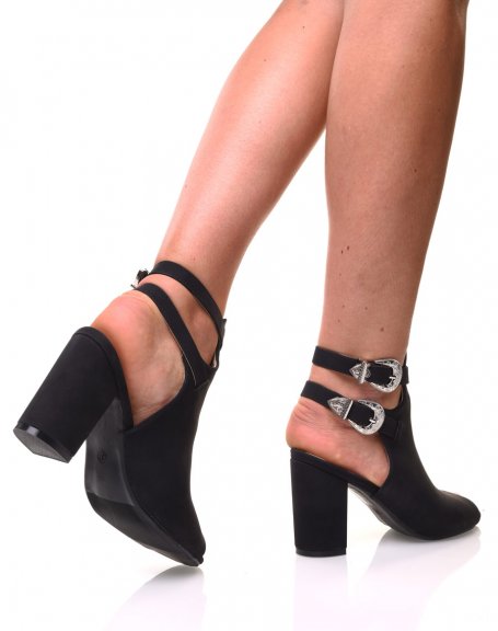 Black suedette openwork heeled sandal