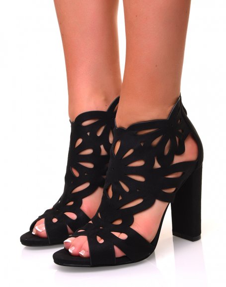 Black suedette openwork heeled sandals