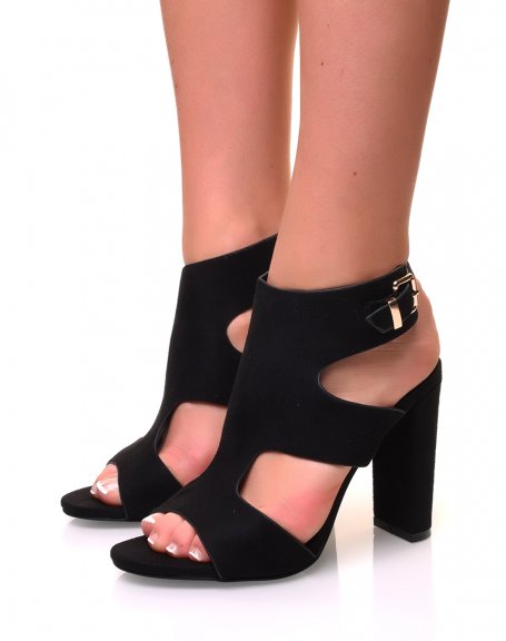 Black suedette openwork sandals with square heels