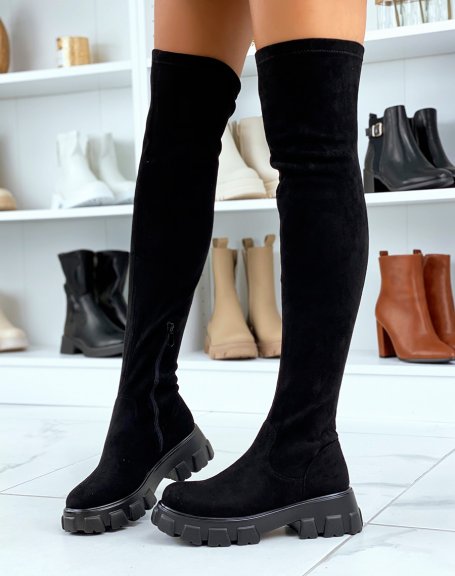 Black suedette over-the-knee boots with notched soles