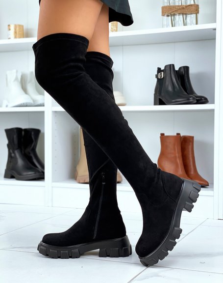 Black suedette over-the-knee boots with notched soles