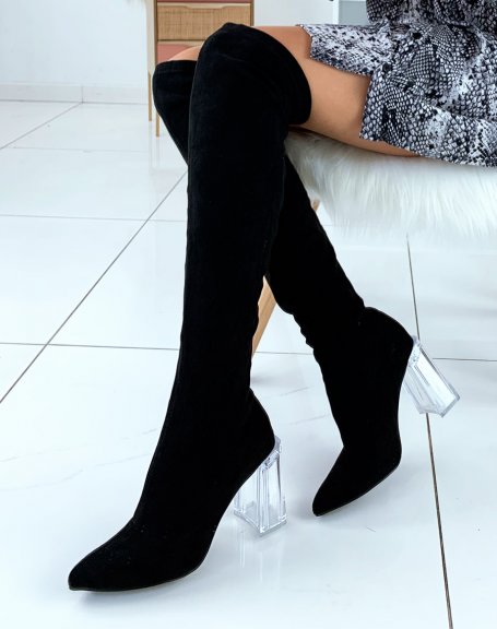 Black suedette over-the-knee boots with transparent heel