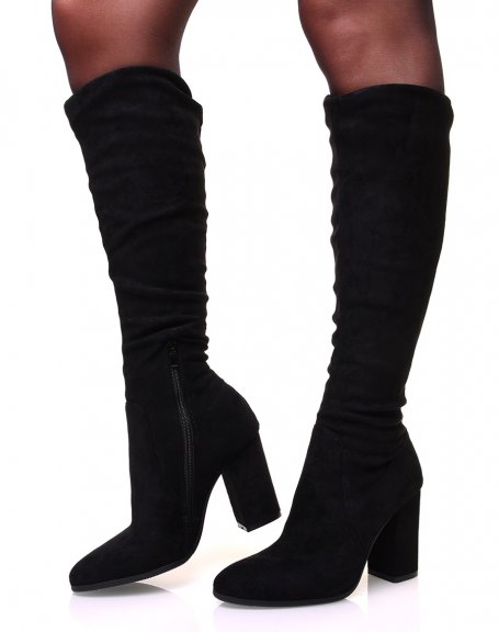 Black suedette pleated heel boots