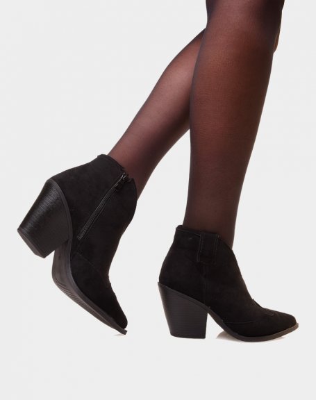 Black suedette pointed toe and beveled heel ankle boots