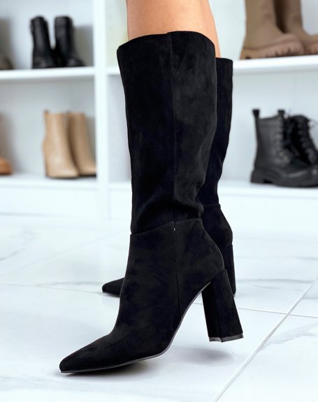 Black suedette pointed toe heel boots