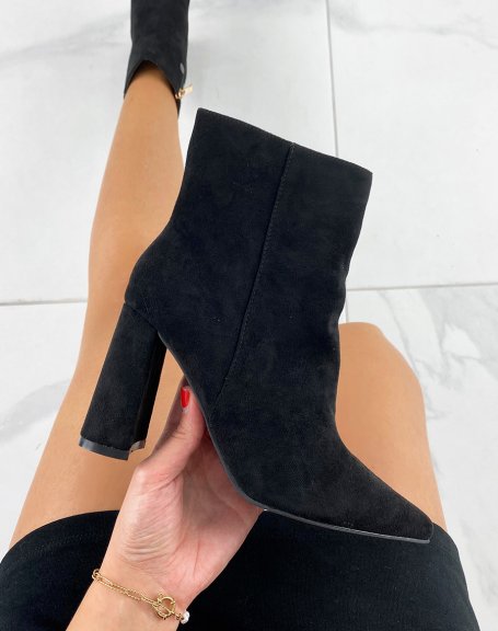 Black suedette pointed toe heeled ankle boots