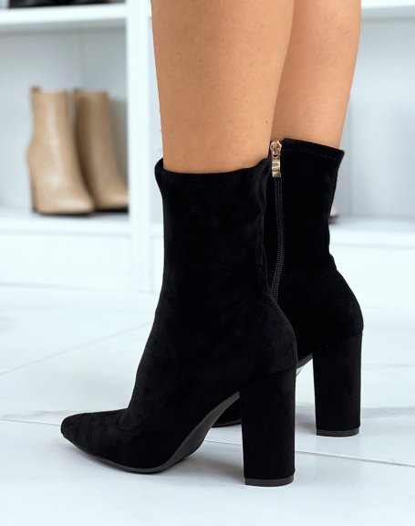 Black Suedette Pointed Toe Sock-Style Ankle Boots
