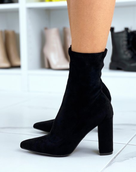 Black Suedette Pointed Toe Sock-Style Ankle Boots
