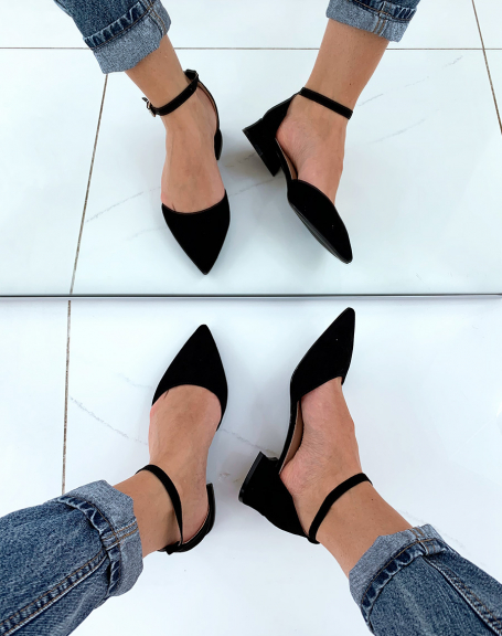 Black suedette pumps with low heels