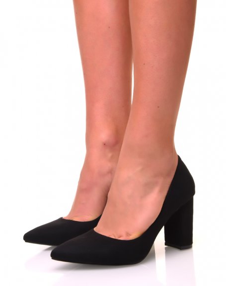 Black suedette pumps with pointed toes and wide heels