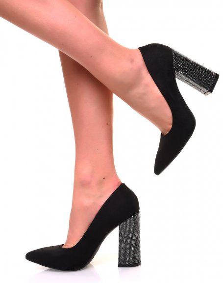 Black suedette pumps with square rhinestone heels
