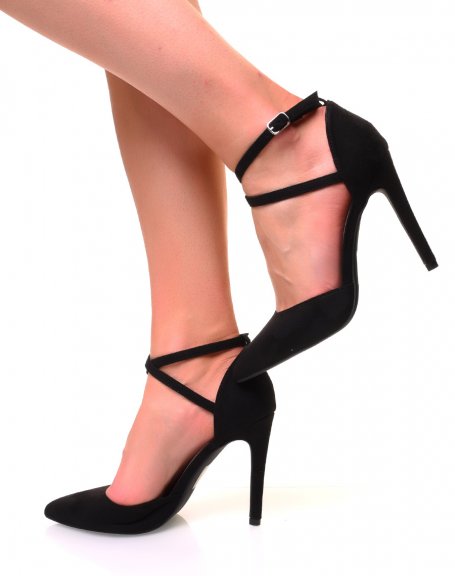 Black suedette pumps with stiletto heels and crossed straps