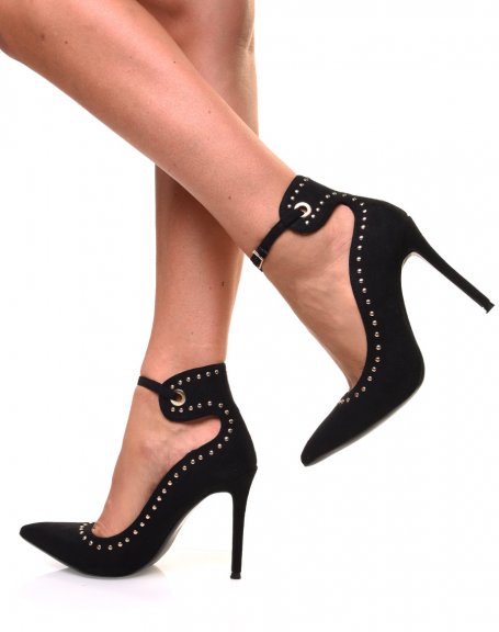 Black suedette pumps with strap and studded details