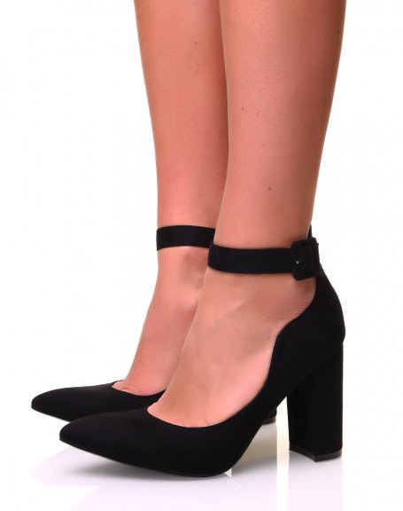 Black suedette pumps with straps and chunky heel