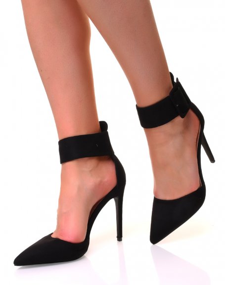 Black suedette pumps with wide straps and pointed toes