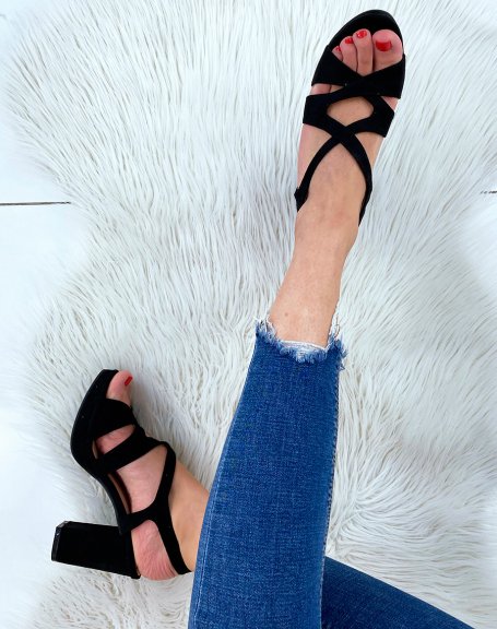 Black suedette sandals with chunky heel and small platform