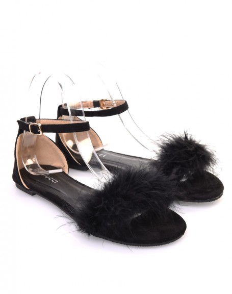Black suedette sandals with feathers