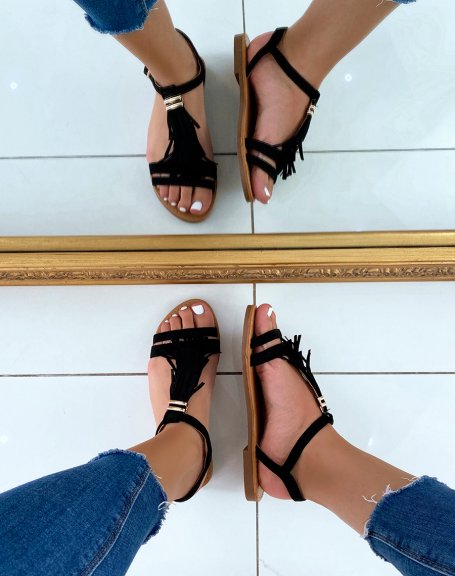Black suedette sandals with fringe and gold detail