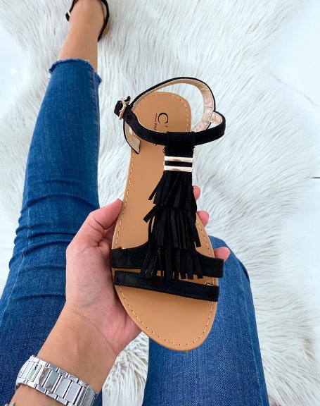 Black suedette sandals with fringe and gold detail