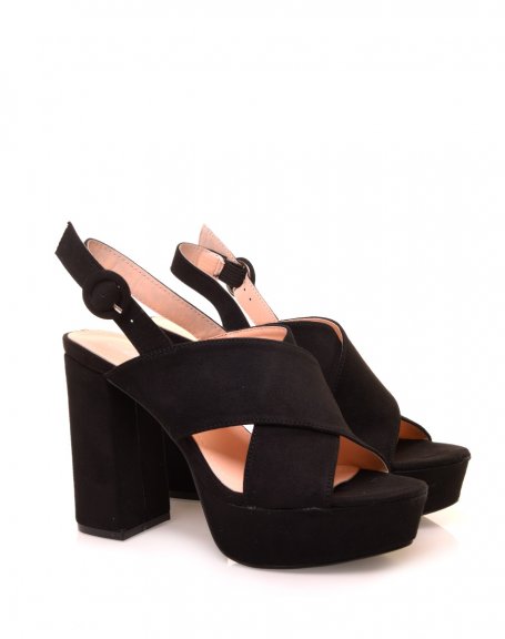 Black suedette sandals with heel and crossed straps