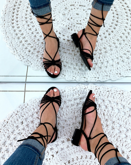 Black suedette sandals with low heels and laces